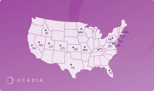 Map of the United States with stars marking various locations, representing Acadia’s national presence on a purple background