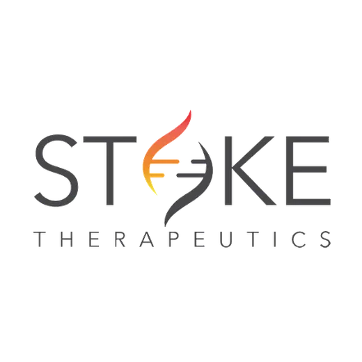 Stoke Therapeutics logo featuring stylized DNA helix within the text, representing innovation in therapeutic solutions