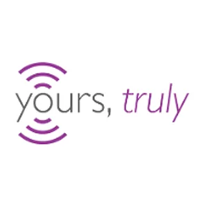 Yours, Truly’ logo in purple and gray with radio wave symbols, representing a personalized message or communication platform