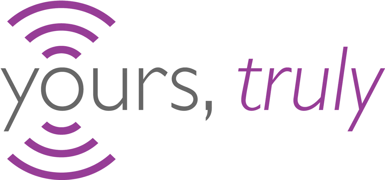 Yours, Truly’ logo in purple and gray with radio wave symbols, representing a personalized message or communication platform
