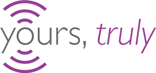 Yours, Truly’ logo in purple and gray with radio wave symbols, representing a personalized message or communication platform