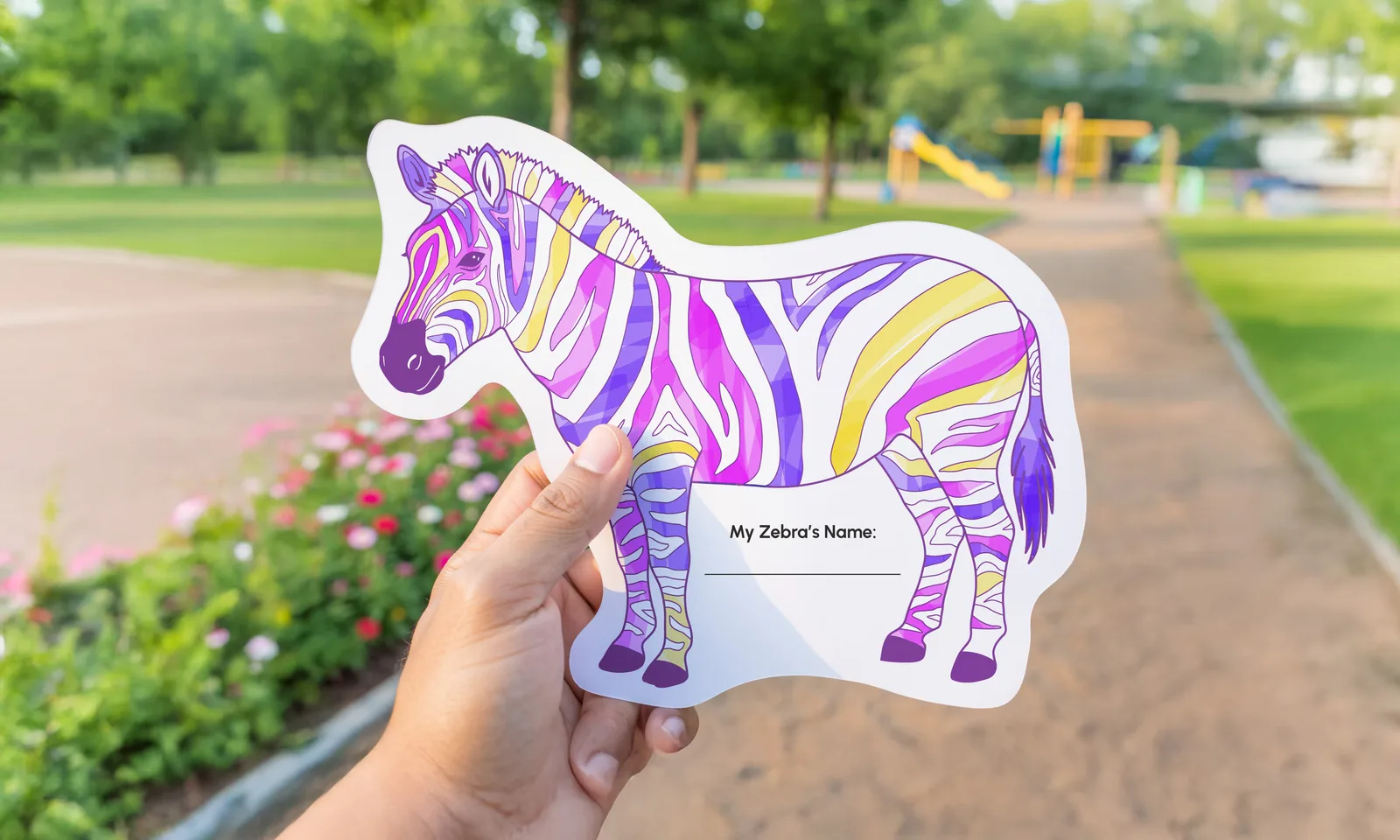 Hand holding a colorful, paper zebra cutout with blank name label, in a park setting with playground and greenery in the background.